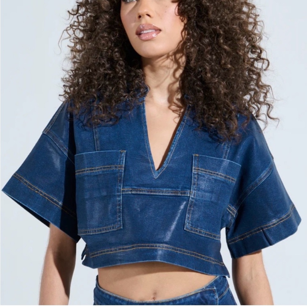 AKIRA Blue Coated Denim Crop Top